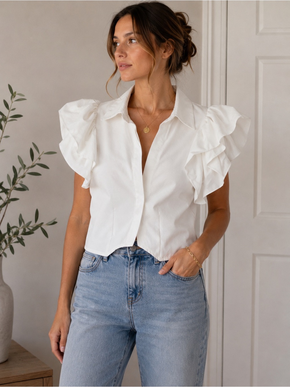 Vintage Statement White Ruffle Shoulder Blouse – Approx. S/M
